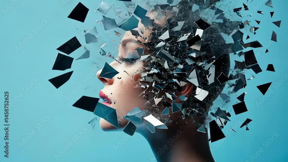 Poster fragmented identity shattering from woman's head as mirror shards exploding, representing psychologi