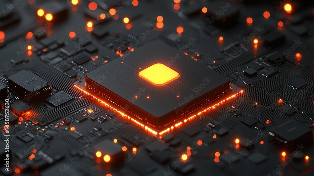 Wall mural microchip glows on a dark, complex circuit board pattern