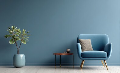 Fototapeta premium Modern blue living room with an armchair, small table, plant in a pot, and minimalist decor.