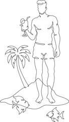 Continuous one line drawing young man in shorts with a cocktail.Tropical island.Tropical fish.Vacation.One continuous line isolated minimal vertical illustration.Not AI.