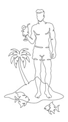 Continuous one line drawing young man in shorts with a cocktail.Tropical island.Tropical fish.Vacation.One continuous line isolated minimal vertical illustration.Not AI.