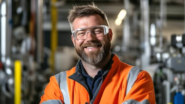 Mature male engineer with a beard and safety gear smiles at the camera, surrounded by factory equipment, embodying professionalism in an industrial environment