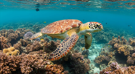 Obraz premium Sea Turtle Swimming Among Beautiful Coral Reef in Clear Water