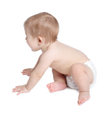 Cute little baby in diaper on white background