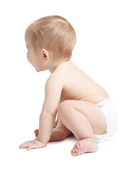 Cute little baby sitting on white background