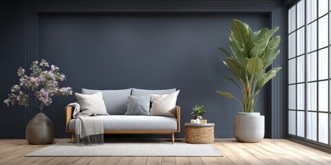 A modern living room with a gray sofa, decorative plants, and large windows letting in natural light.