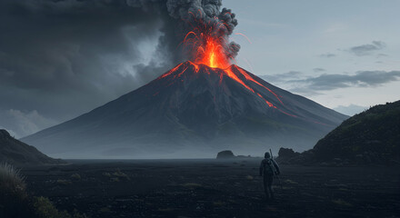 Erupting Volcano with Lava Flow and Dramatic Sky at Dusk