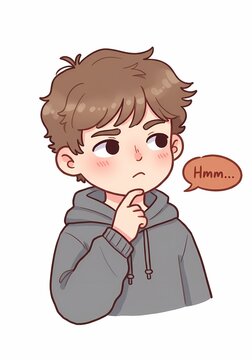 Cartoon Thoughtful Young Boy Illustration with 'Hmm' Speech Bubble and Subtle Shading Depicting Contemplation against Plain Backdrop