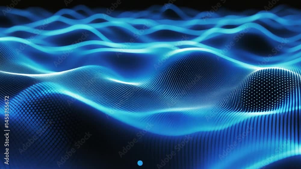 Poster mesmerizing digital wave pattern in fluid motion, featuring vibrant blue tones and abstract design e