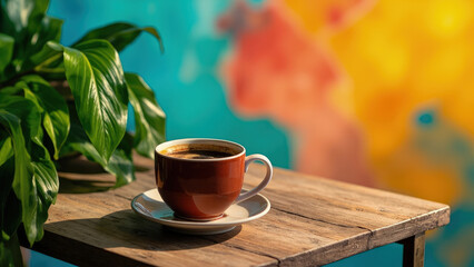 Obraz premium A warm brown coffee cup on a saucer resting on a rustic wooden table with a vibrant colorful backdrop