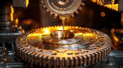 Oiled gear system with liquid dripping down, golden hue