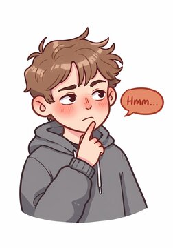 Illustration of a pondering young man with a curious expression, his thoughtful pose conveying a sense of contemplation and mild uncertainty, captured with soft colors and a modern style