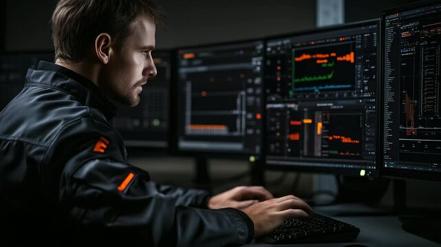 Close-up of an engineer&rsquo;s hands on a keyboard, controlling SCADA software, with multiple monitors displaying real-time data and industrial graphs