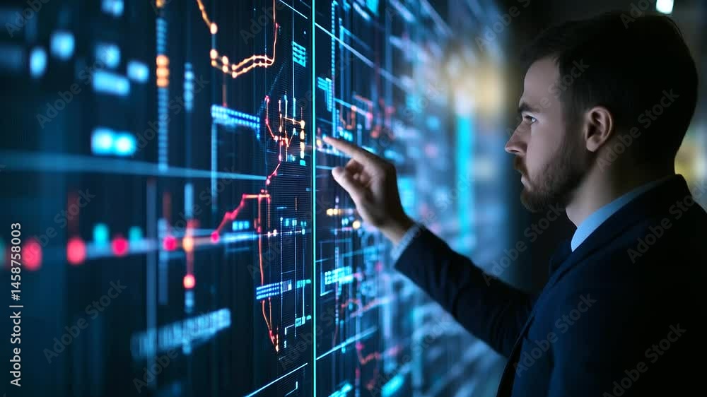 Poster close-up of engineer reviewing data flow, graphs, and charts on scada screens, ensuring smooth opera