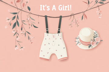 Baby Girl Outfit Watercolor Illustration. A beautiful watercolor illustration of a baby girl's outfit with a hat, perfect for a baby shower or birth announcement print.