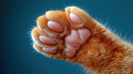 Obraz premium Orange cat's paw with pink pads, against blue background