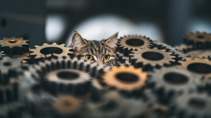 Fototapeta premium Tabby cat stares out from behind a pile of industrial gears, blending mechanical texture with animal curiosity.