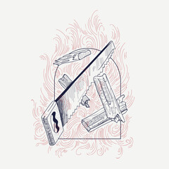 Sketch illustration of firewood and saw in a fireplace with fire. Hand-sketched in fine lines.
