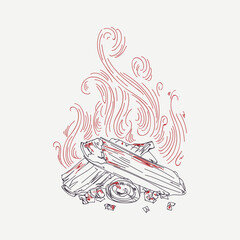 An illustration of a hand-drawn bonfire. A sketch with thin lines of fire and firewood.