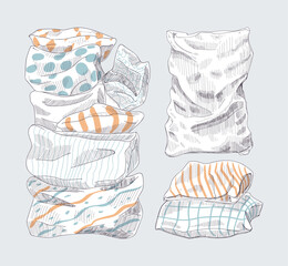 A set of pillow sketches. Hand-painted soft pillows with different prints.