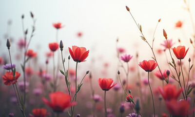 Obraz premium Red Poppy Field Sunset Meadow Flowers - • Soft