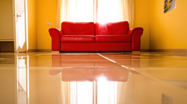 Red sofa in yellow interior with shiny floor and natural light
