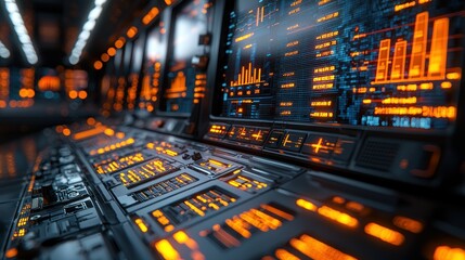 Orange data streams on control panels in futuristic corridor