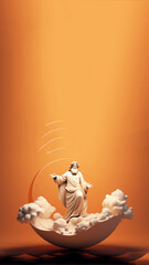 Vertical image of a majestic statue of a god figure emerging from clouds, set against a vivid orange background. A powerful and surreal concept that blends mythology, divinity