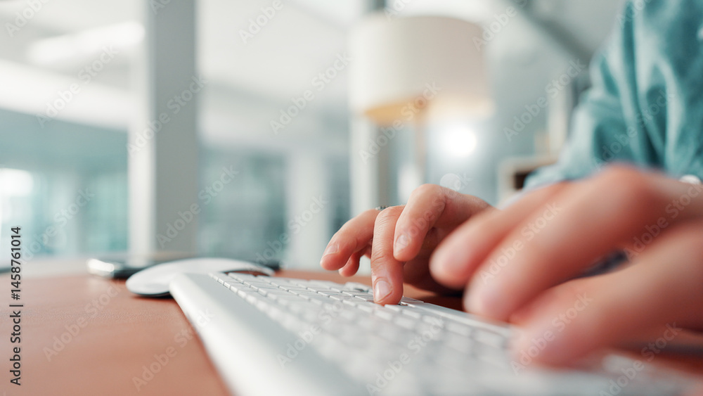 Poster Hands, keyboard and typing with writer at desk, story draft or article writing with person in workplace. Closeup, computer and copywriting, review or email feedback with employee in publishing