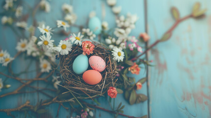 Fototapeta premium Rustic bird nest with pastel Easter eggs surrounded by daisies and wildflowers on a wooden background in soft tones.
