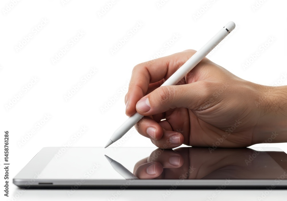 Poster hand using a stylus on a tablet screen to write or draw, showcasing technology and digital creativit