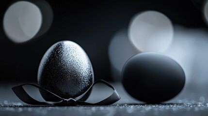 Two decorative eggs, dark gray and black, with a ribbon bow.