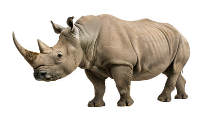 Obraz premium A strong and majestic rhinoceros standing against a white background, showcasing its thick skin, large horn, and muscular build