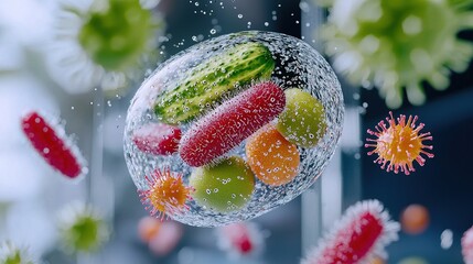 Colorful fruits and vegetables inside a protective sphere.