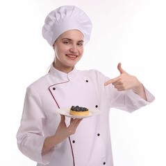 Happy confectioner in uniform holding delicious tart with blueberries on white background