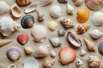 Colorful Seashells on Sand Texture
