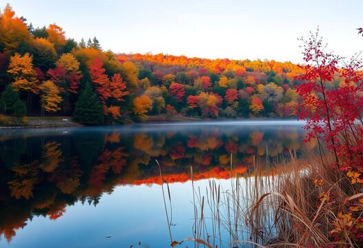 Misty autumn morning at Lake Grza, Paracin, Serbia Colorful foliage reflects in the still water, destination, photography