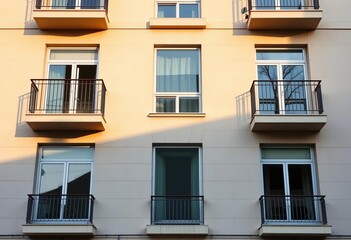 Fototapeta premium Modern building facade, balcony, windows, empty space, copy space, residential, copy space