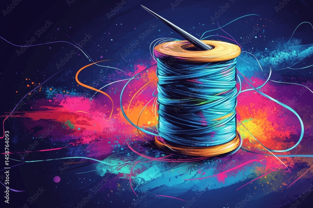 Aufkleber crafting a futuristic composition using needle and thread in an abstract design