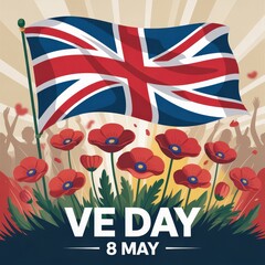 Fototapeta na wymiar VE Day Commemoration with UK Flag and Poppies