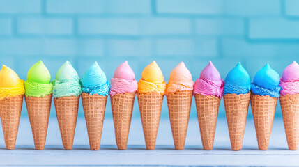 Neatly aligned ice cream cones in vivid rainbow colors on a blue background, creating a vibrant and cheerful summer treat scene.