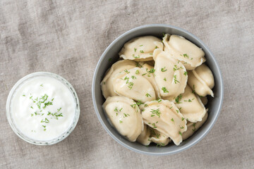 National Ukrainian cuisine with stuffed dumplings and sour cream sauce. Traditional Ukrainian dish. Flat design.
