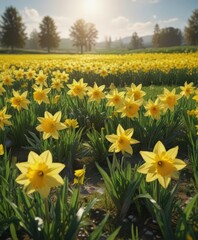 Obraz premium Sunlit daffodils burst forth in vibrant yellow against a verdant field , golden, fresh