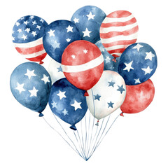 Watercolor balloons decorated with stars and stripes in red, white, and blue.