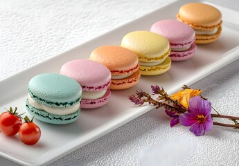 Photo of colorful macarons on a white plate, showcasing sweet treats in pastel rainbow hues