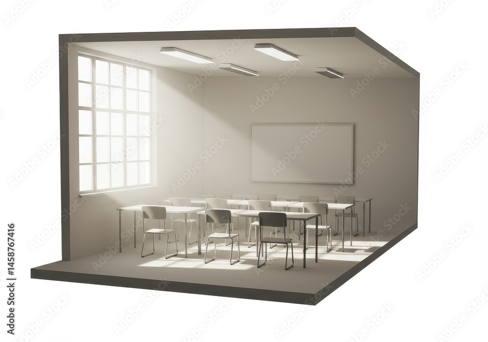 Poster sunlight streams into an empty classroom with rows of desks and chairs and a blank whiteboard on the