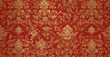Naklejka premium Elegant gold on red damask, intricate repeating vector design , illustration, brocade, vintage