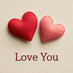 Two felt hearts in red and pink with love message on textured background.