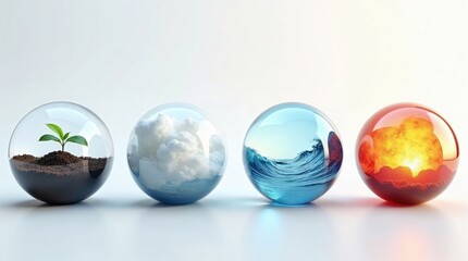 Vier Elemente in Glaskugeln &ndash; Erde, Luft, Wasser, Feuer in moderner Darstellung