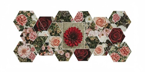Geometric arrangement of floral imagery in hexagonal tiles.